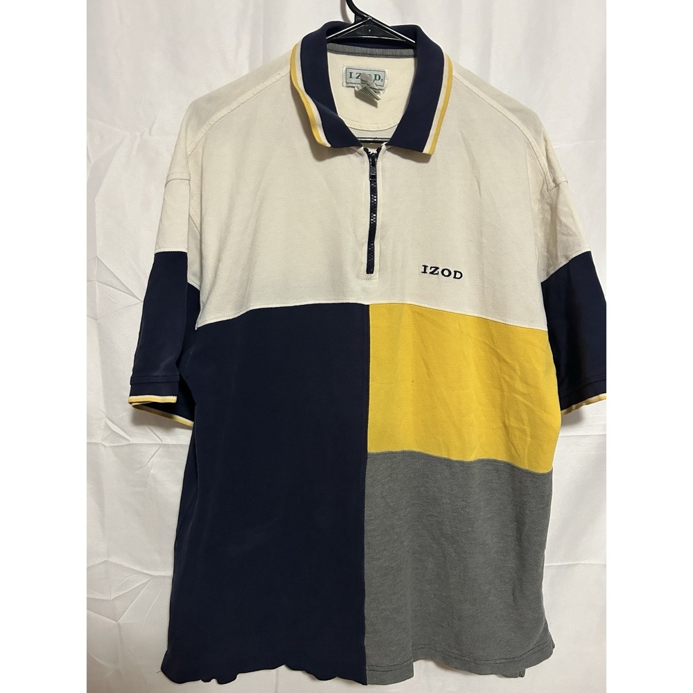 IZOD Colorblock Polo Shirt Mens Large 1/4 Zip Navy‎ Yellow Cotton Rugby Y2K
